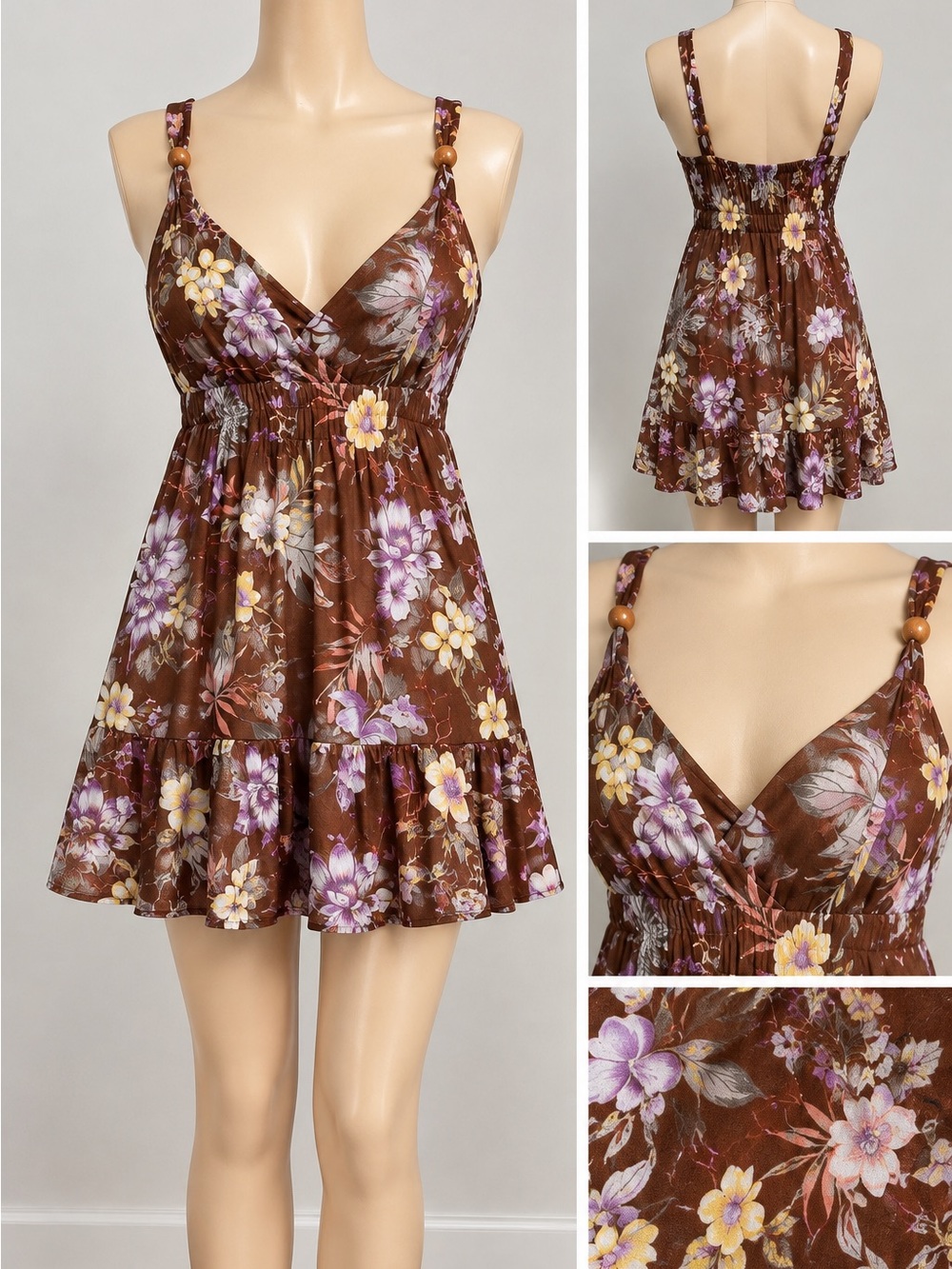 NWT Faded Rose Brown Floral V-Neck Sleeveless Mini Dress Adjustable Straps M